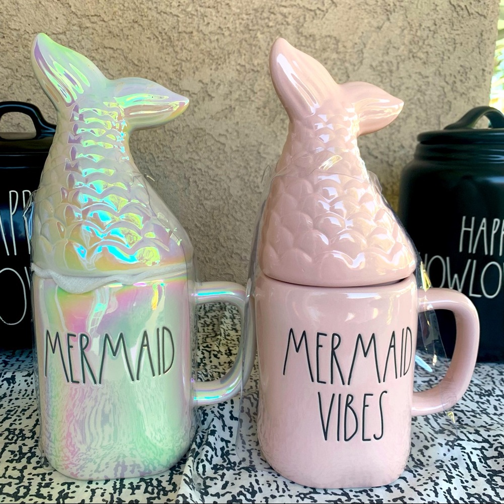 Rae Dunn ceramic mug PINK MERMAID VIBES with mermaid tail lid NEW